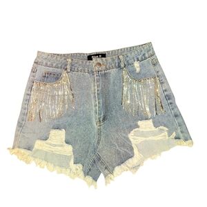 Blue B Rhinestone Fringe Denim Shorts.